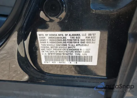 2007 Honda Pilot Ex-L z USA, uszkodzony, nr VIN 5FNYF28507B042791